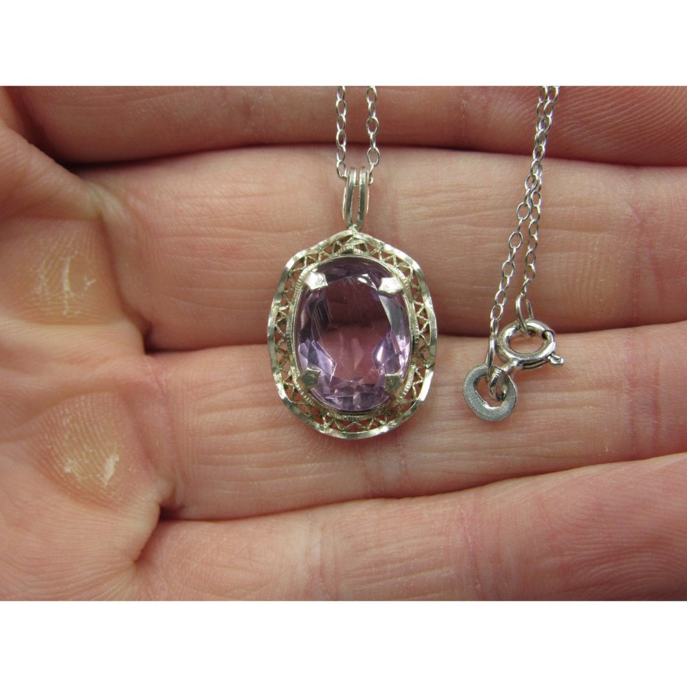 18" Sterling Silver Good Size Purple Amethyst Pendant Necklace Vintage - Picture 2 of 7